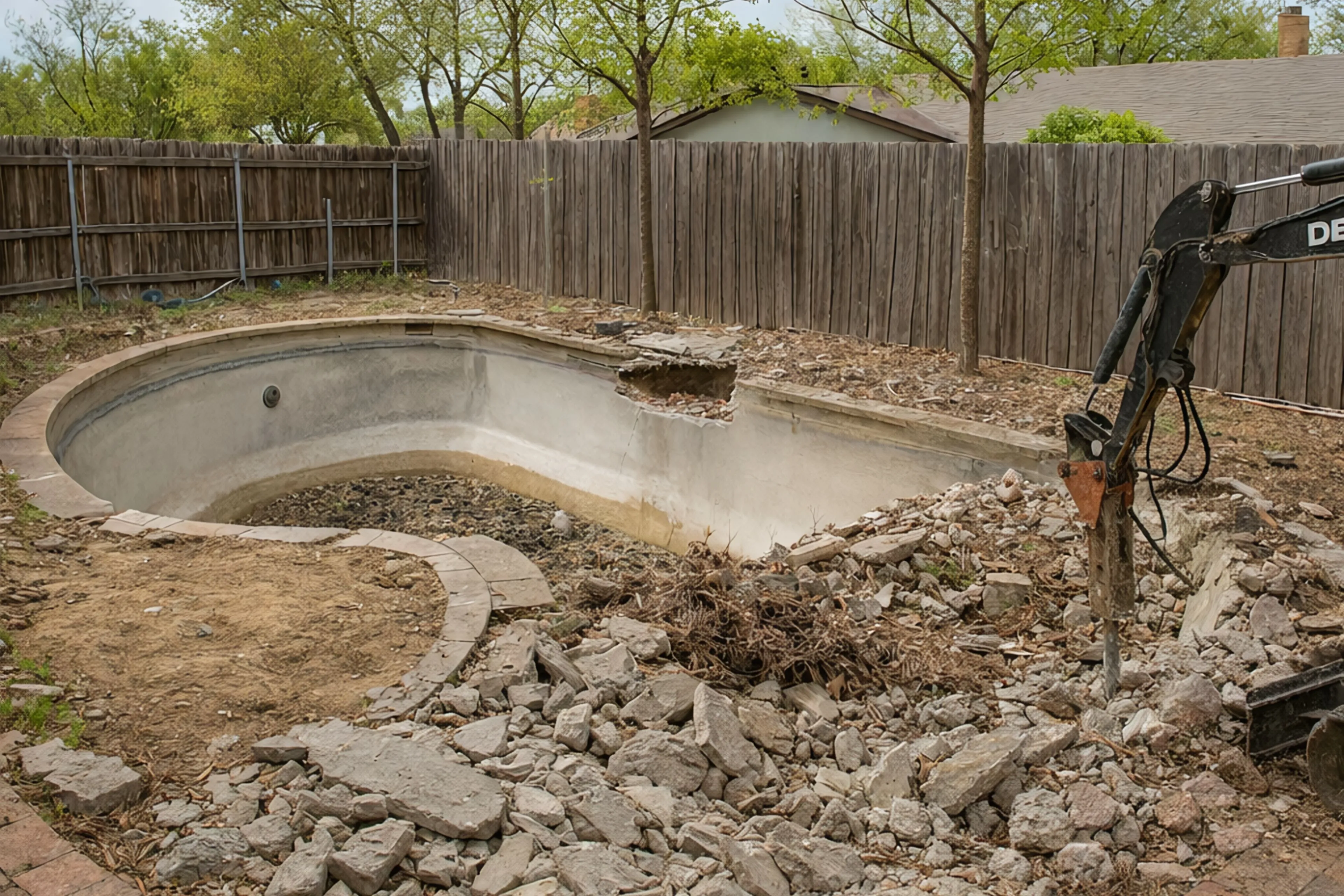 A hydraulic jackhammer attachment on an excavator breaking through the thick concrete shell of an inground swimming pool during a full removal project in Dallas